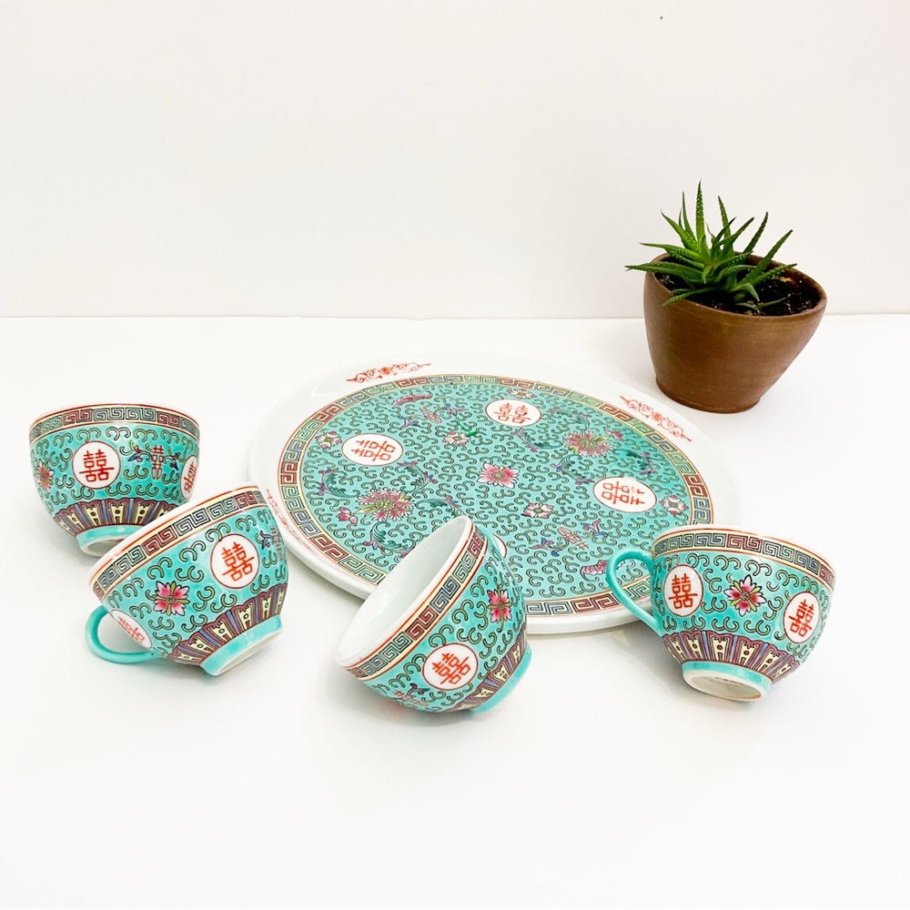 VINTAGE Chinese Export Porcelain Tea Set Teal Gold Longevity Symbol Bone China - Picture 7 of 11